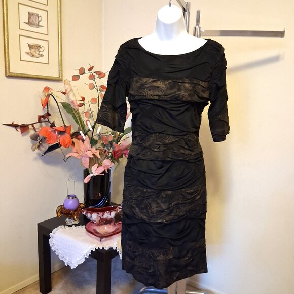 NWT Simon Chang Women's Well Tailored ¾ Sleeve Brown Gold Midi Lined Dress 8 M - Picture 3 of 11